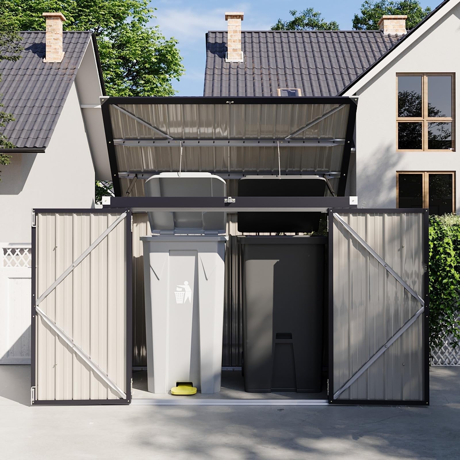 Outdoor Metal Storage Shed 3.3x5.6ft, Waterproof Trash Can Shed w/Lid \u0026 Chain for Garden, Backyard, Patio, Aoxun